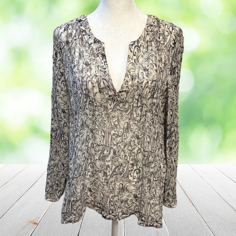 J JILL Silk Popover Blouse Crinkle Baroque Paisley Boho Black Cream Petite L